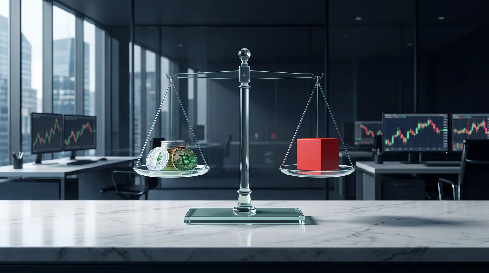 An artistic representation of trading risk management using a scale to balance assets and drawdown.