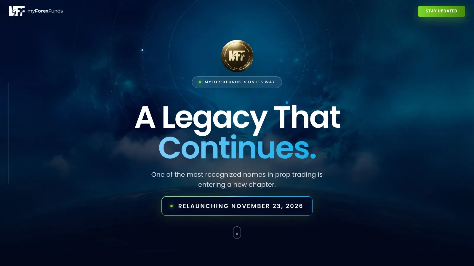 MyForexFunds homepage announcing the relaunch on November 23, 2026