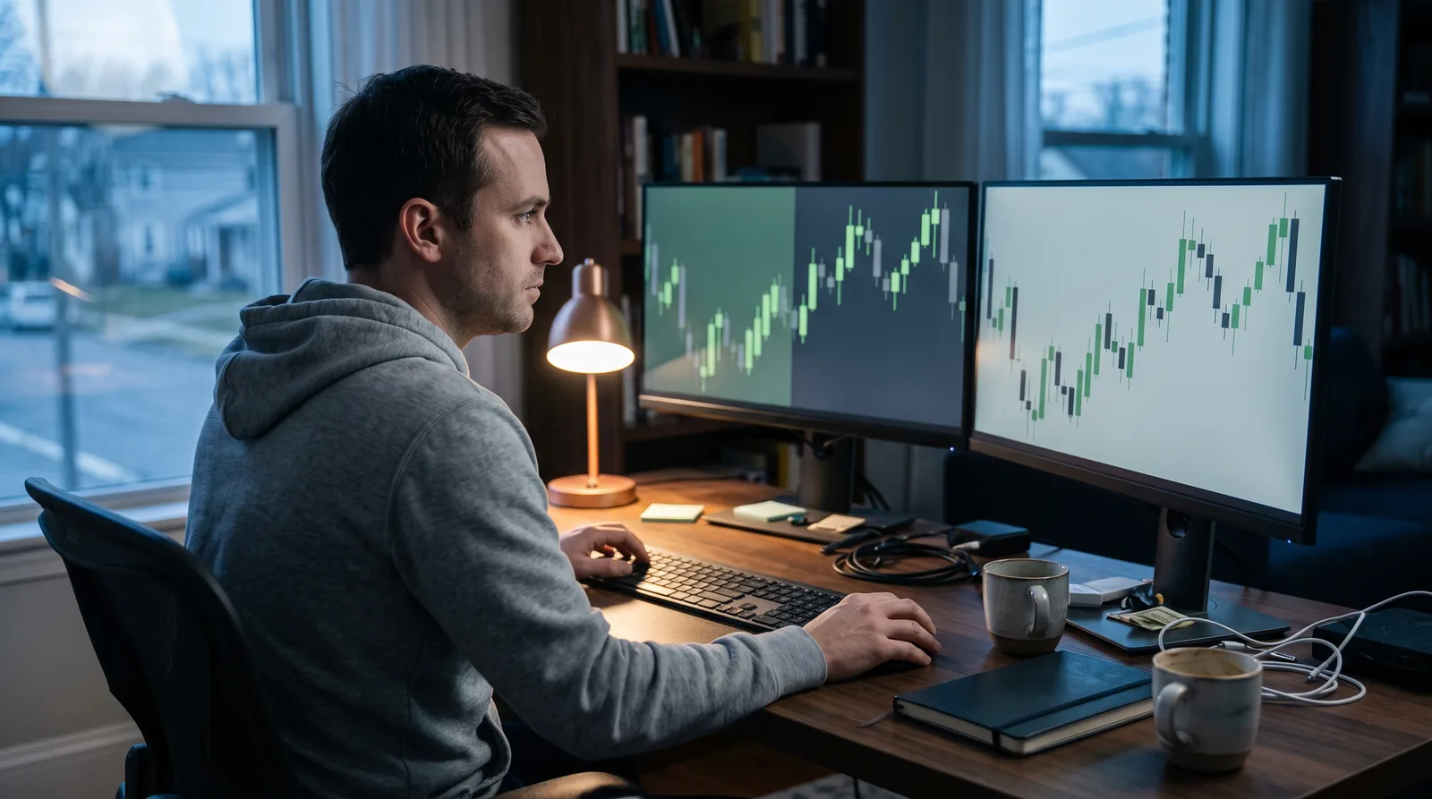 Futures trader at a home desk before the US open, comparing two prop firm accounts on two monitors