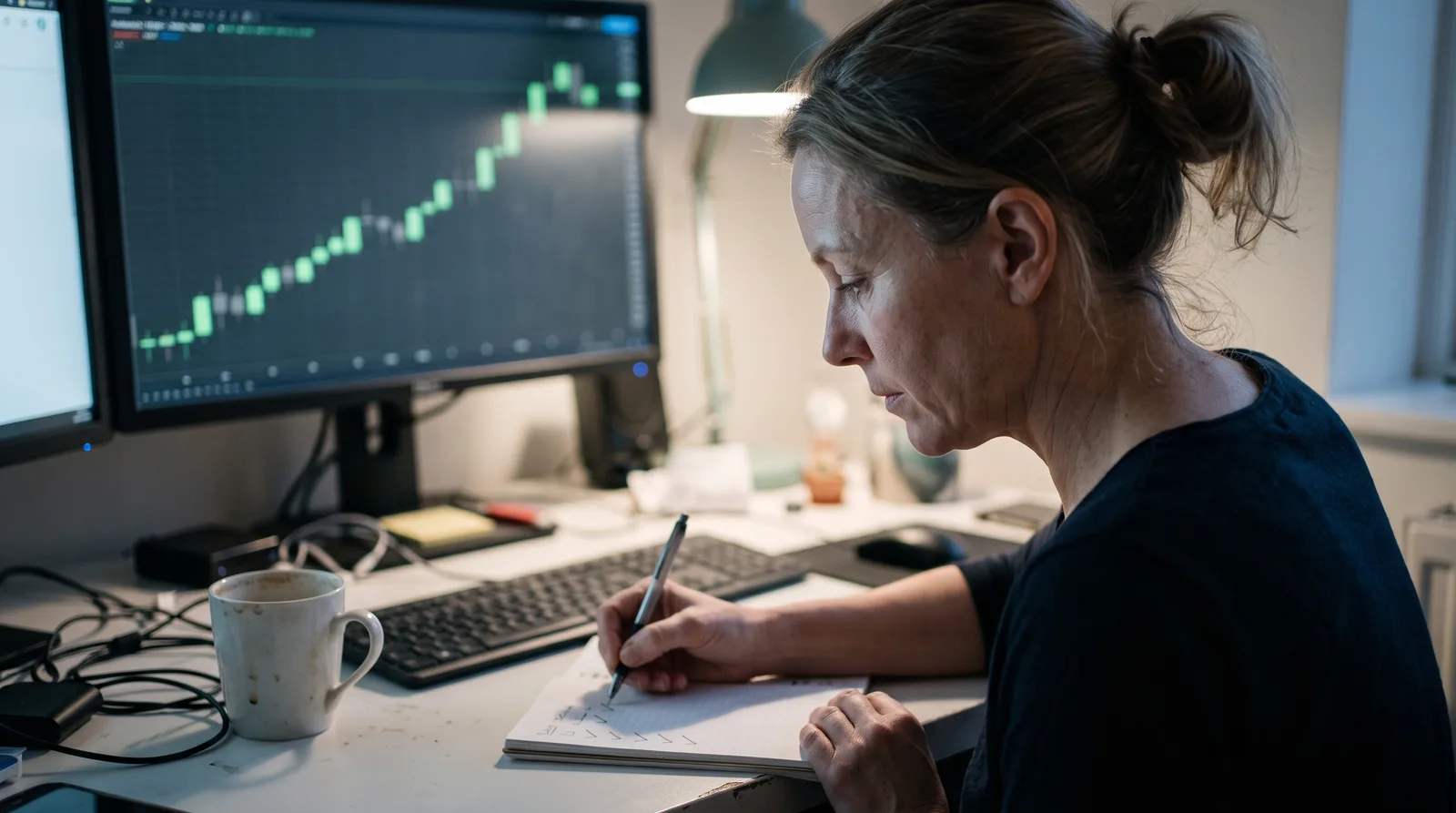 Trader ticking off another trading day in a notebook beside a monitor showing a steady futures chart