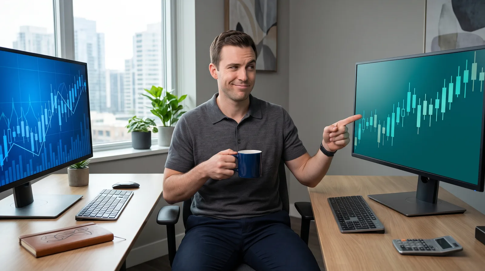 Futures trader at a modern trading desk weighing two prop firm evaluation options