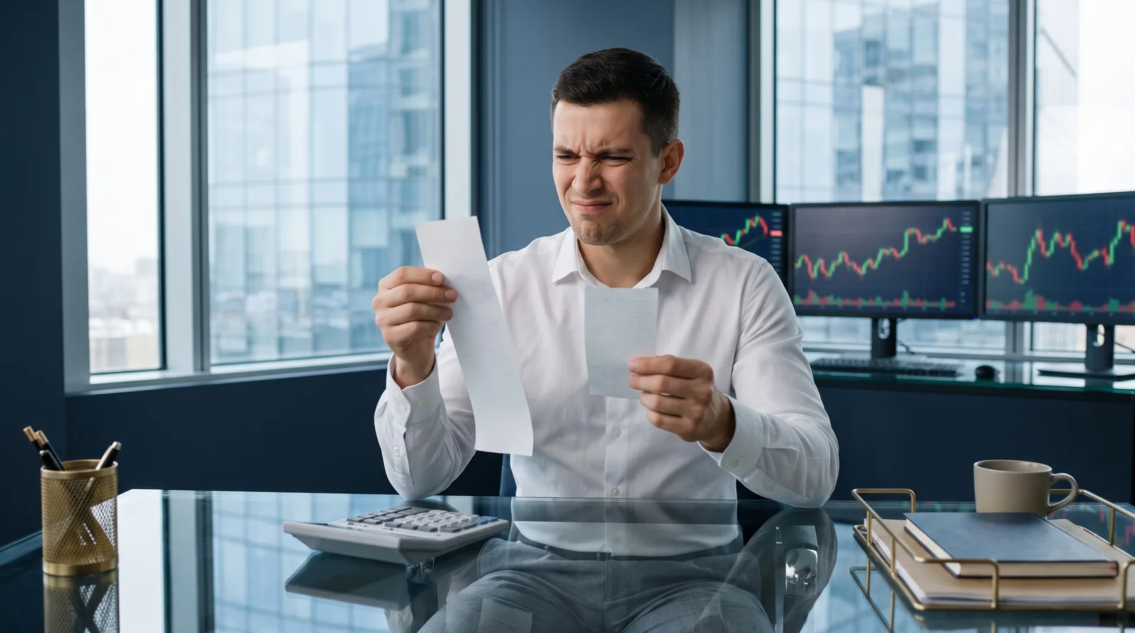 Trader comparing the cost of two prop firm evaluations with a calculator and receipts