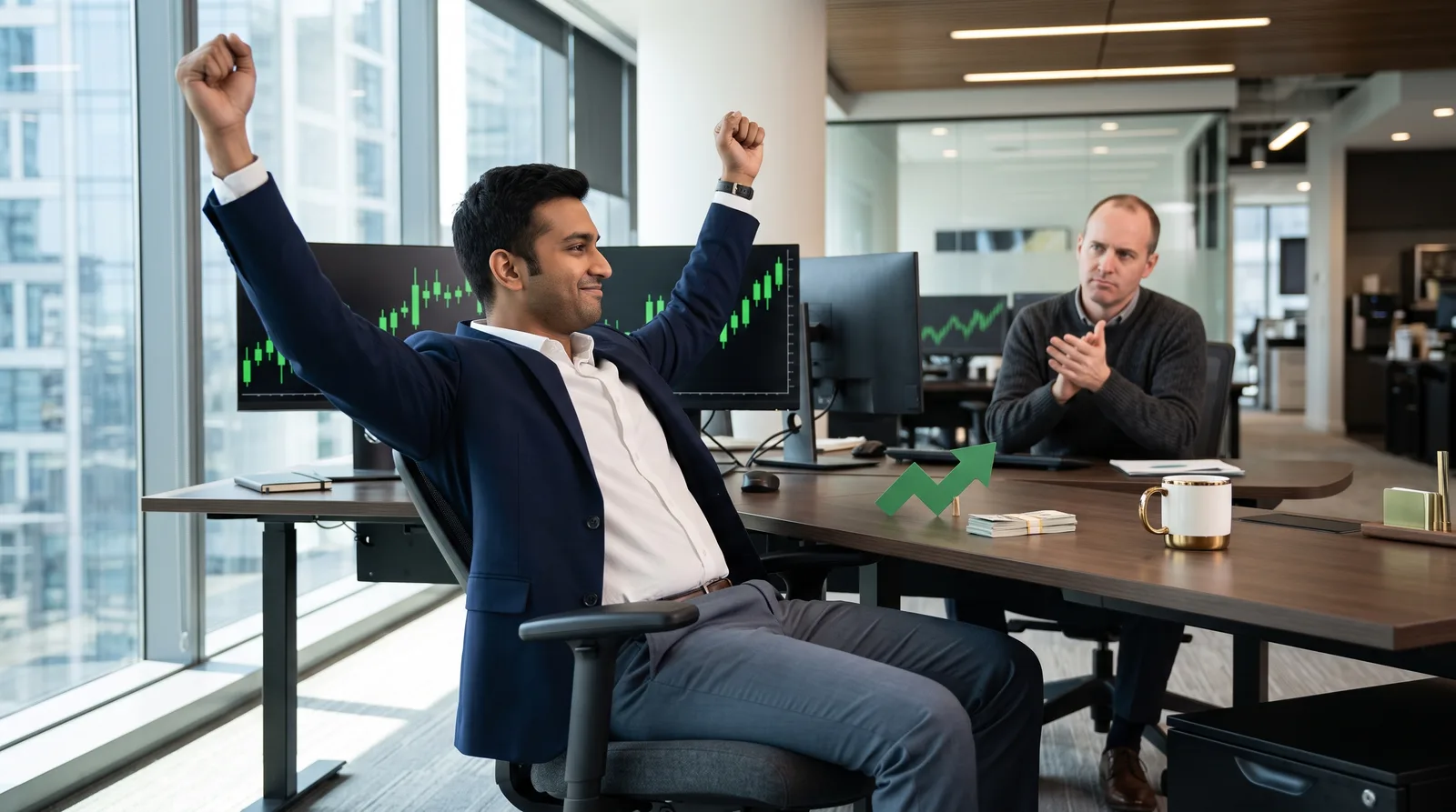 Smiling futures trader at a desk after a prop firm payout request is approved