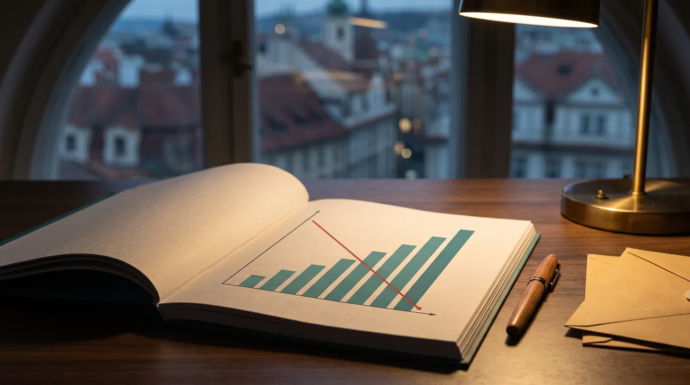 A bound annual report open on a dark desk in a dusk-lit Prague office, its printed chart showing teal bars rising steadily from left to right while a red arrow falls steeply across them, Prague rooftops blurred through an arched window behind