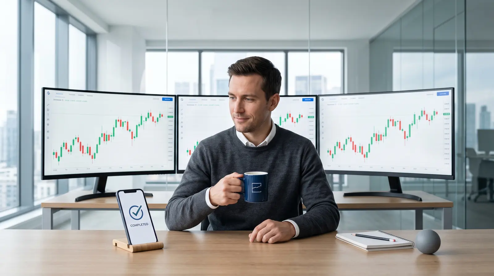 Professional trader monitoring decentralized exchange perpetual contracts on multiple high-resolution desktop screens.