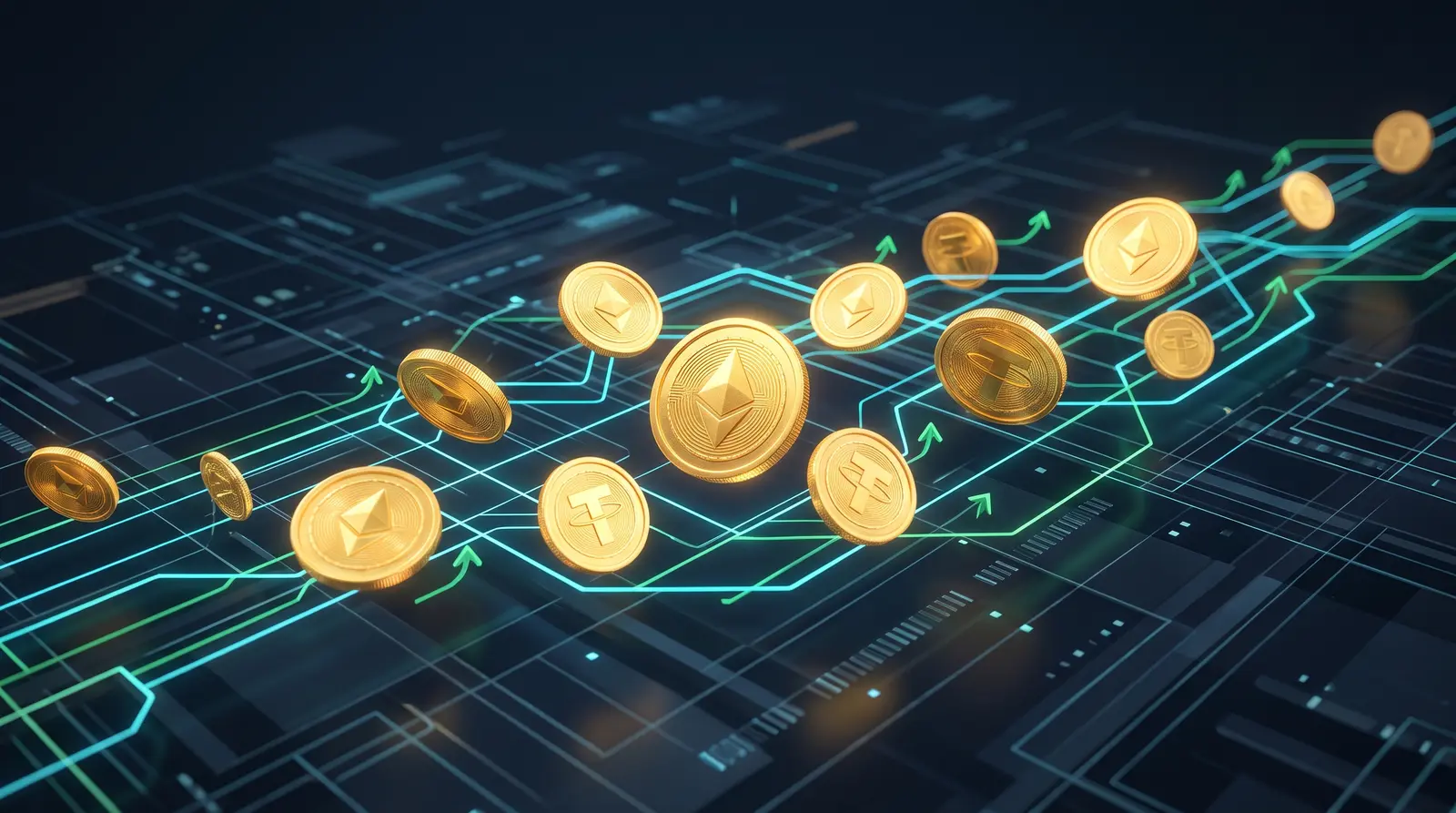 Digital stablecoins representing the secure and fast payout system used by crypto prop firms.
