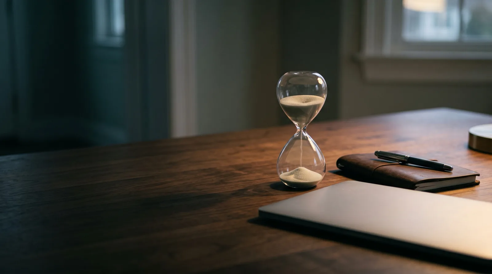 Hourglass on a desk beside a closed laptop, illustrating funding charged at each hourly boundary