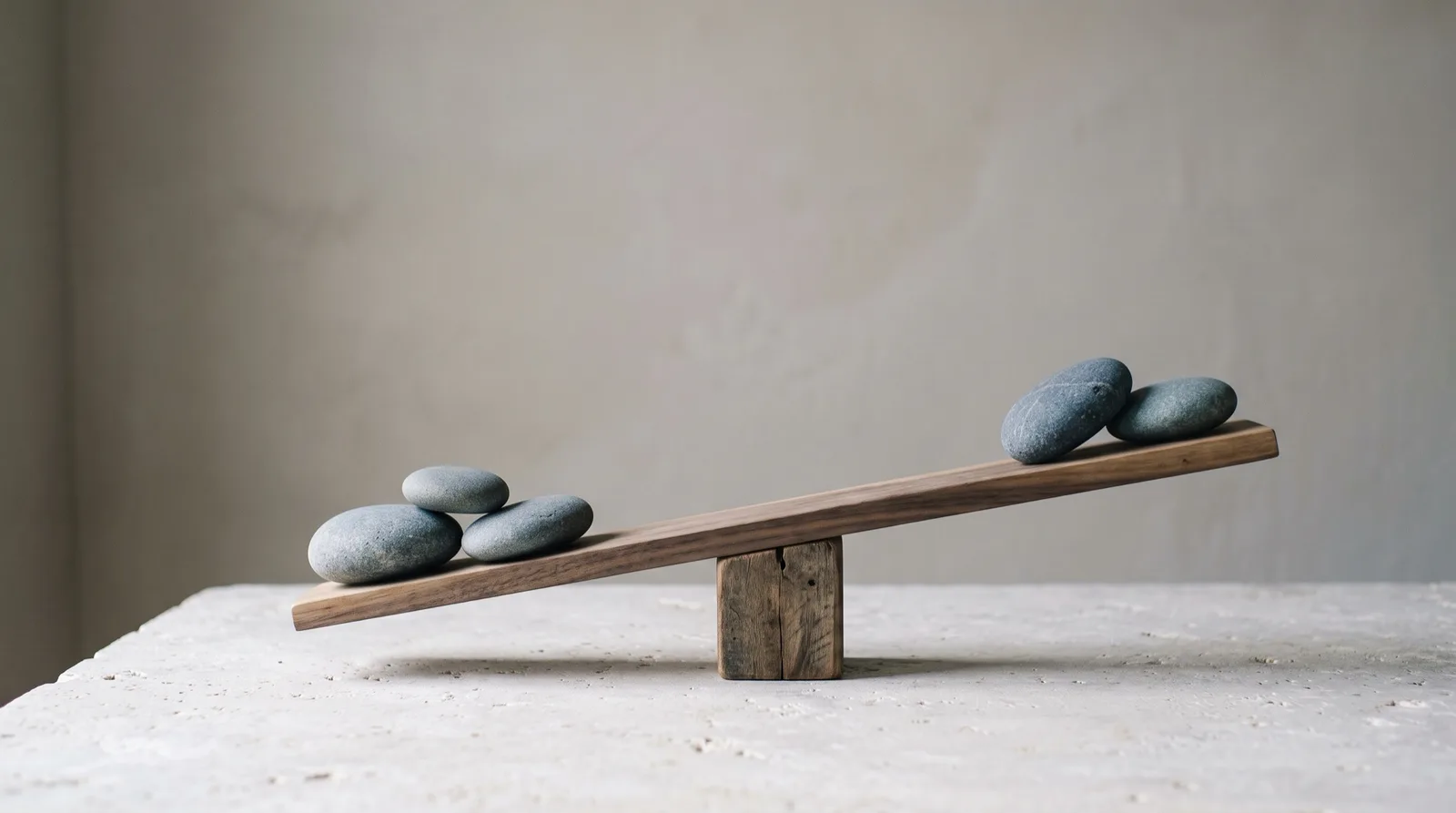 Wooden seesaw with stones on both ends, illustrating how funding moves payments between longs and shorts