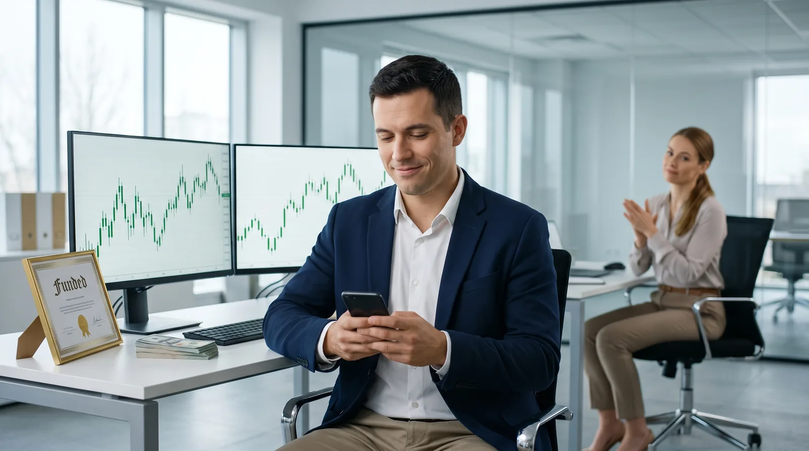 A funded trader checking a payout notification on his phone while a colleague applauds