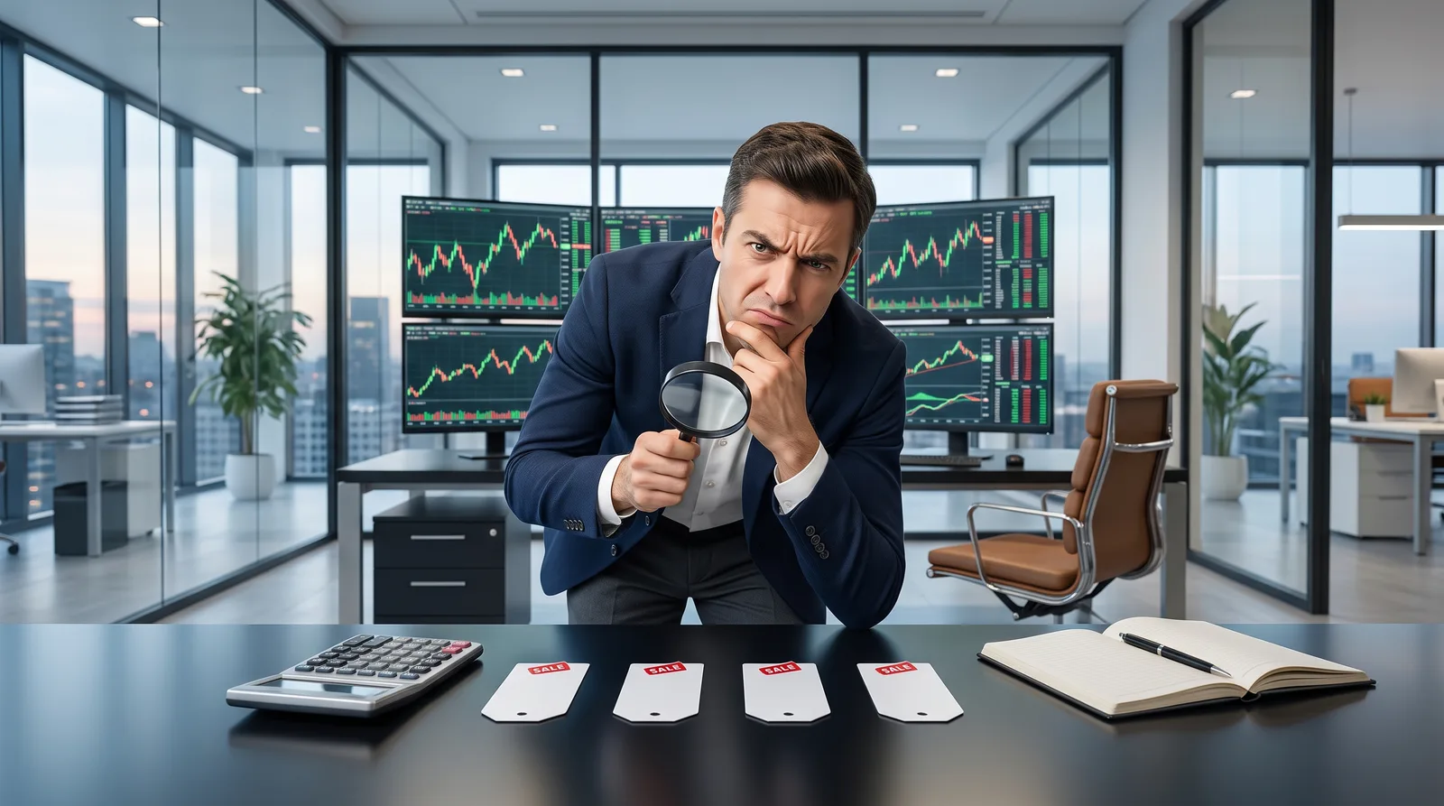 A trader comparing four prop firm evaluation prices side by side on a trading desk