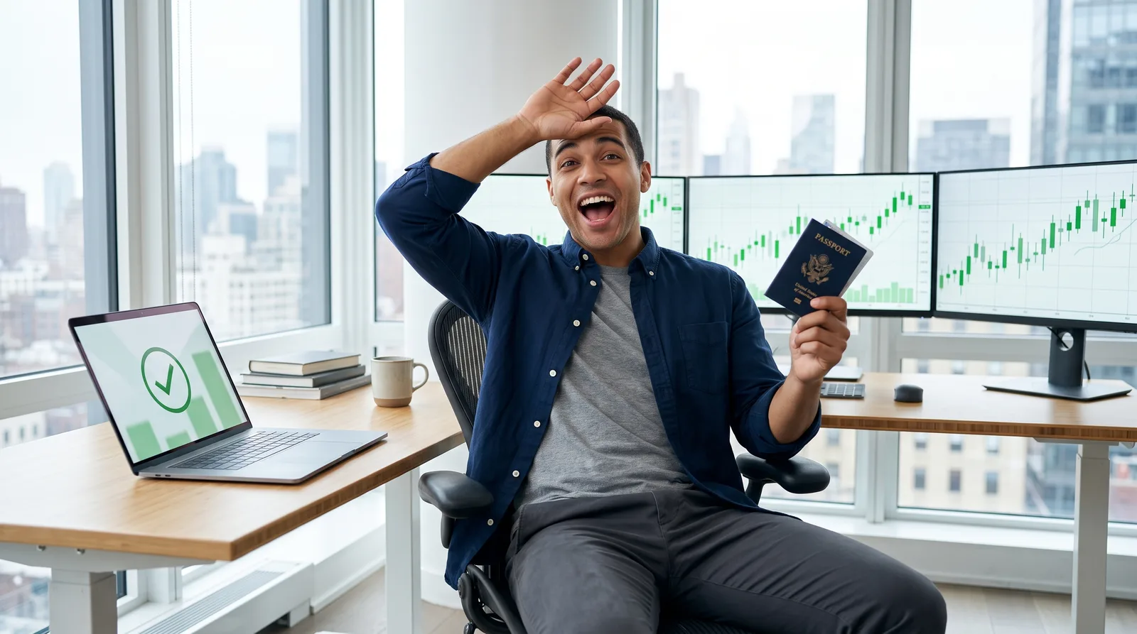 A US trader holding his passport and celebrating after confirming he can sign up for a perpetuals prop firm