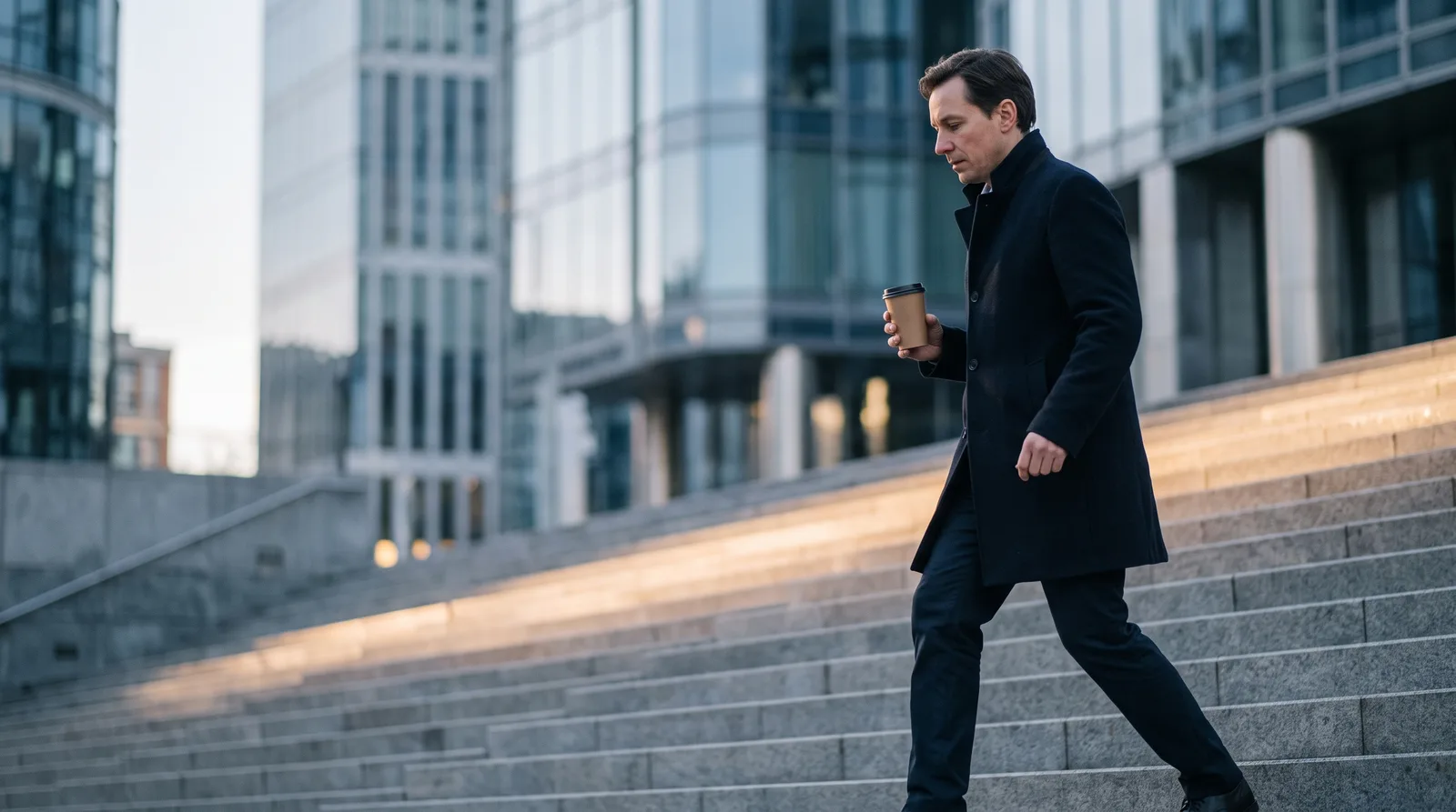 A person walking along evenly spaced stone steps in a financial district in the morning, illustrating steady progress under a consistency rule