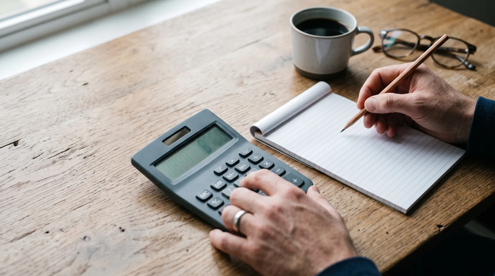 Hands using a desk calculator next to a blank notepad and coffee, working out a consistency rule formula