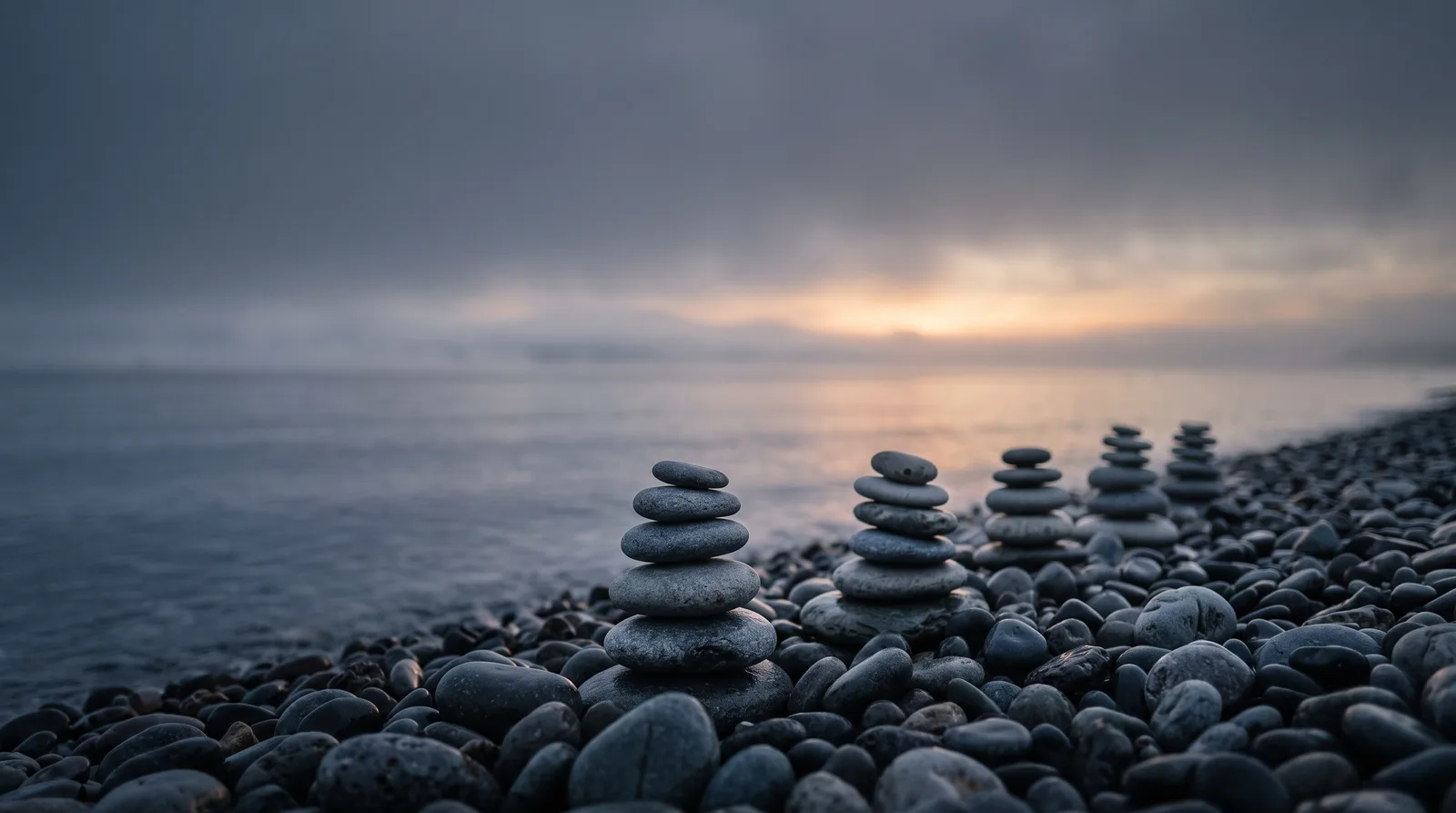 Five evenly sized stone stacks on a pebble shore at dawn, a metaphor for the steady daily profits a prop firm consistency rule asks for