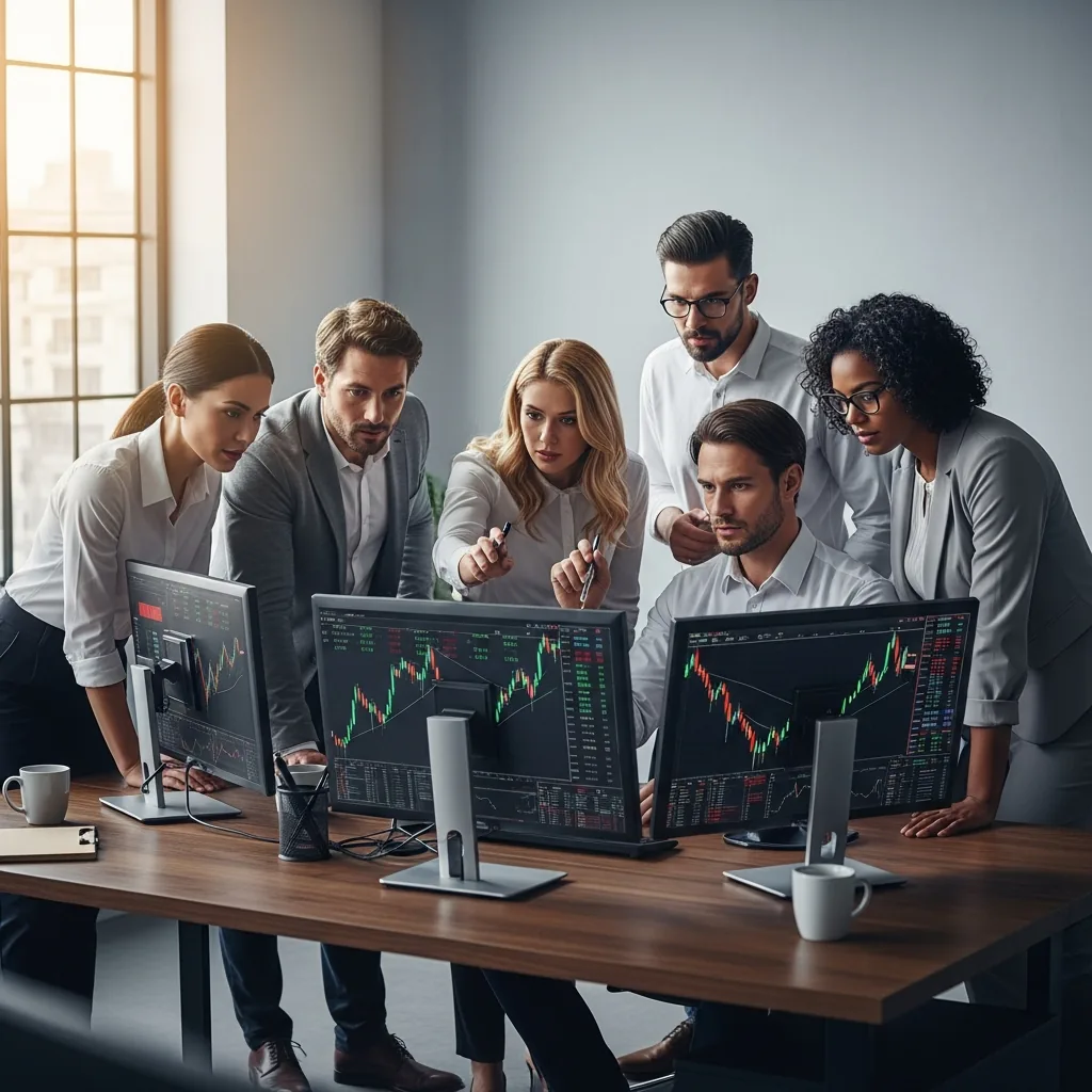 Group of traders collaborating in a modern office, symbolizing the journey into prop firm challenges.