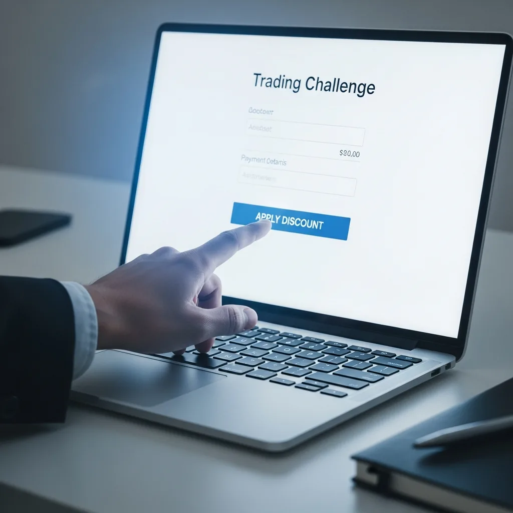 A person's hand typing a discount code into a 'coupon code' field on an online checkout page for a trading challenge.