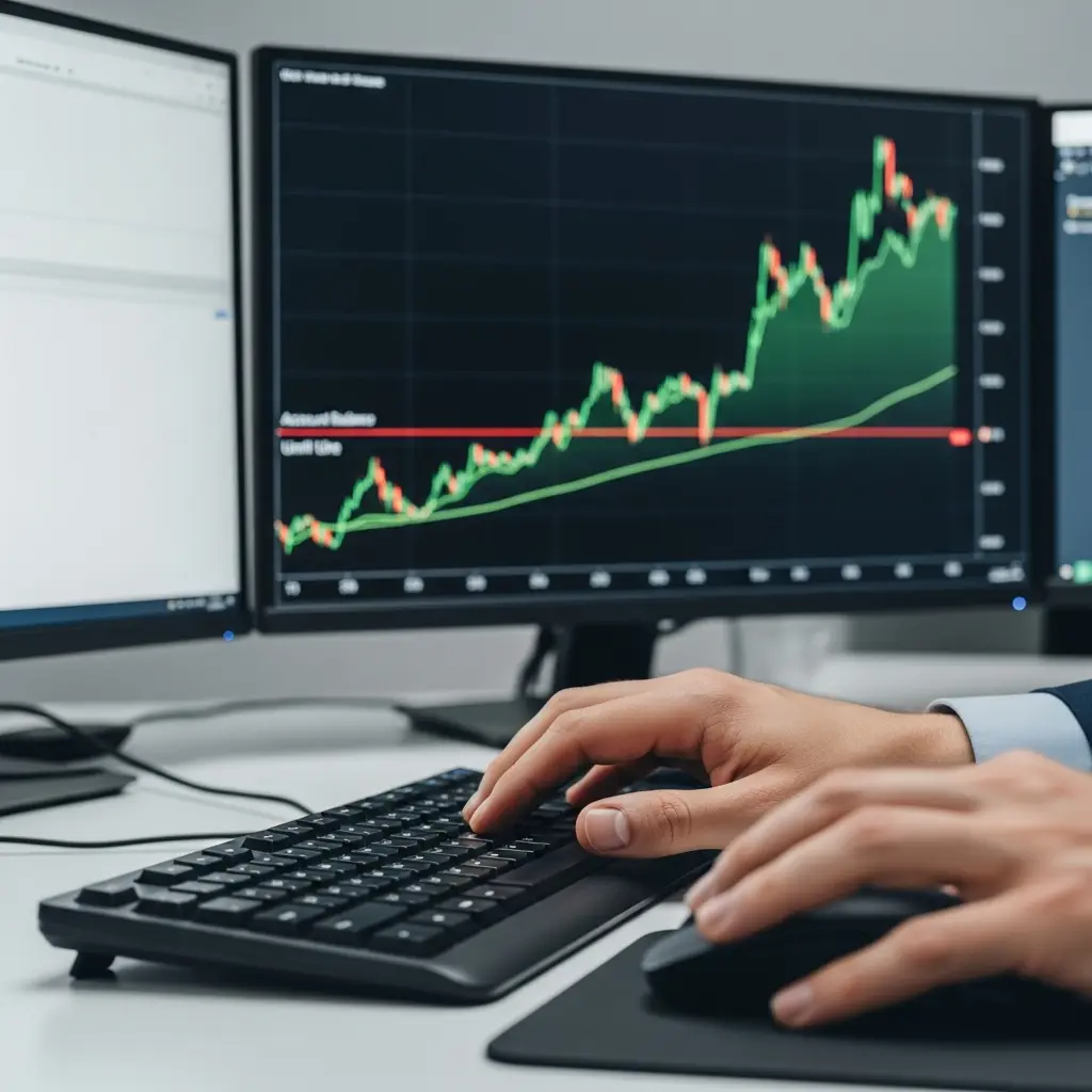 A focused trader at a multi-monitor desk, a chart illustrating strict prop firm drawdown rules.