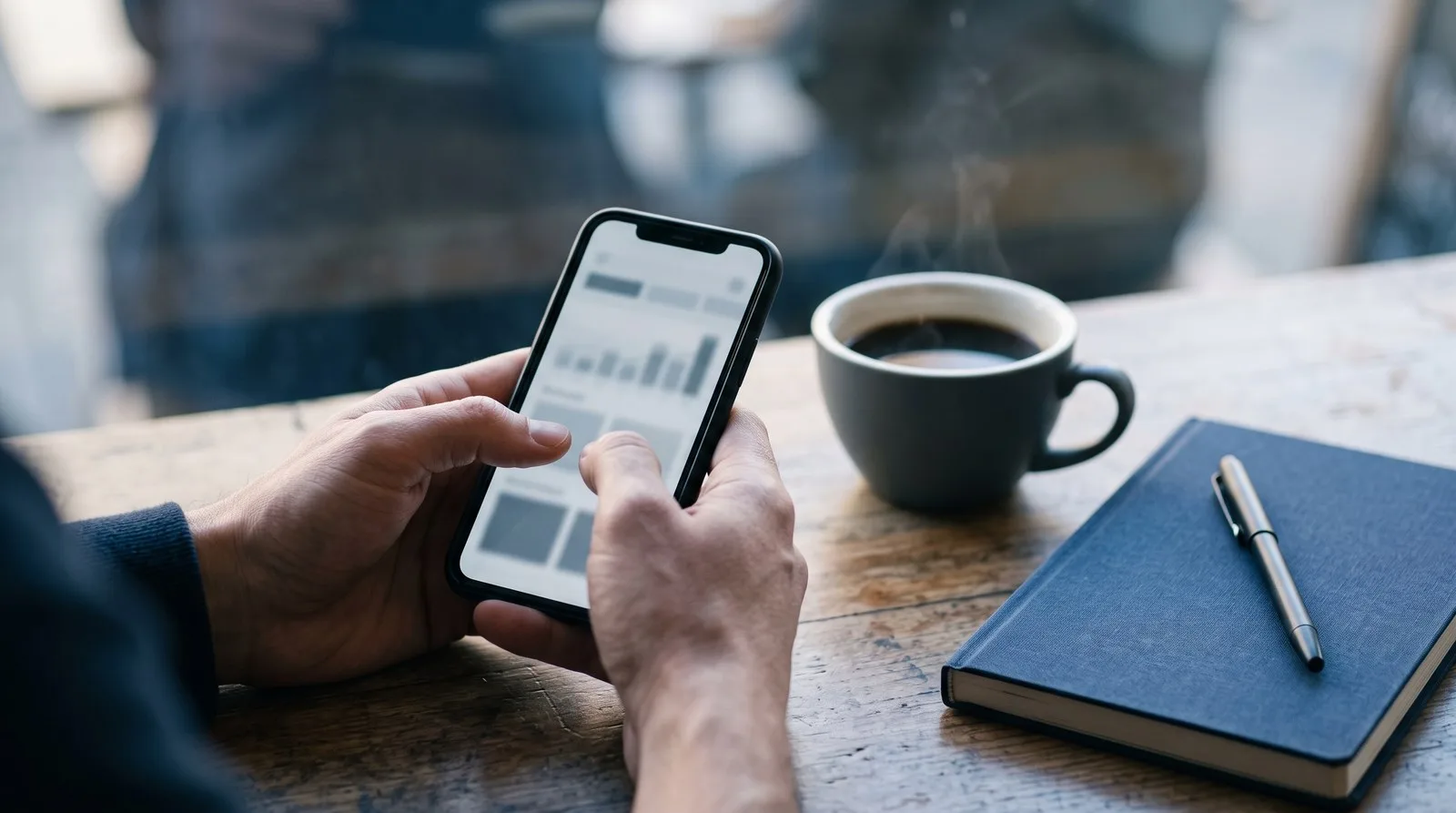 Hands holding a phone over a cafe table while reading a prop firm's rules before buying a challenge
