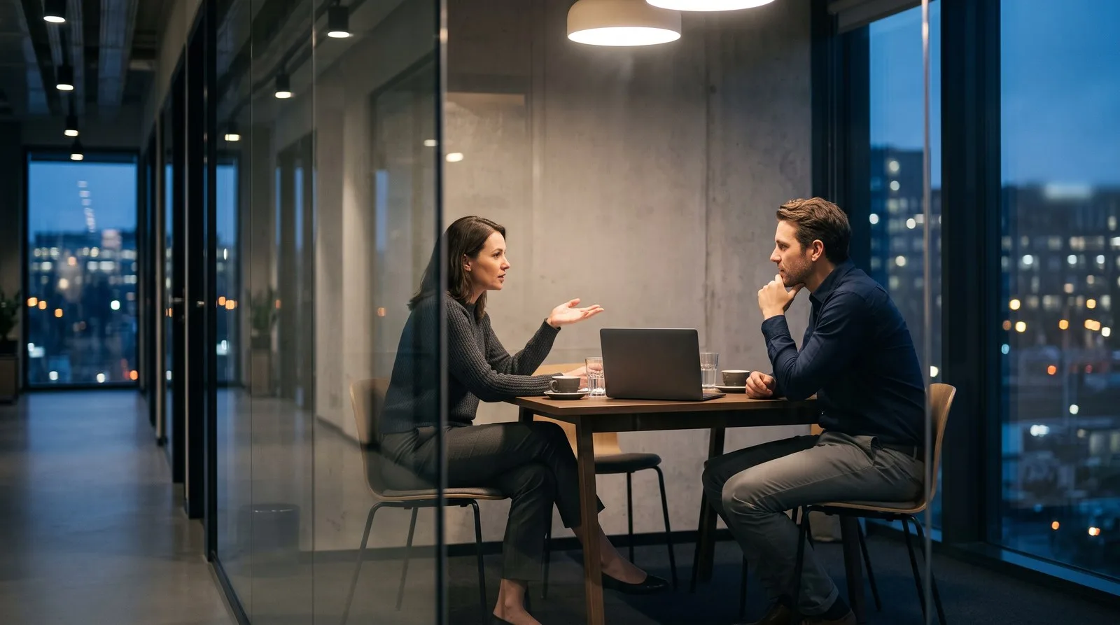 Two colleagues talking in a glass-walled meeting room at dusk, illustrating how prop firms decide to change their rules