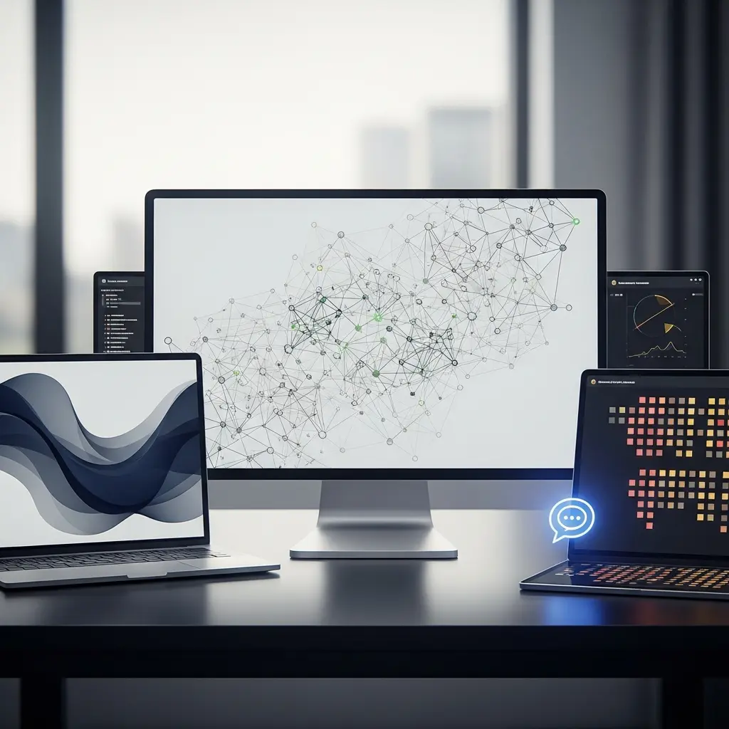 Multiple screens displaying diverse trading platform interfaces and a support icon, highlighting user experience.