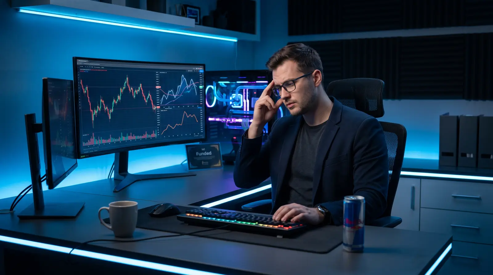 A professional crypto trading desk with multiple monitors showing technical analysis for the propr prop firm evaluation.