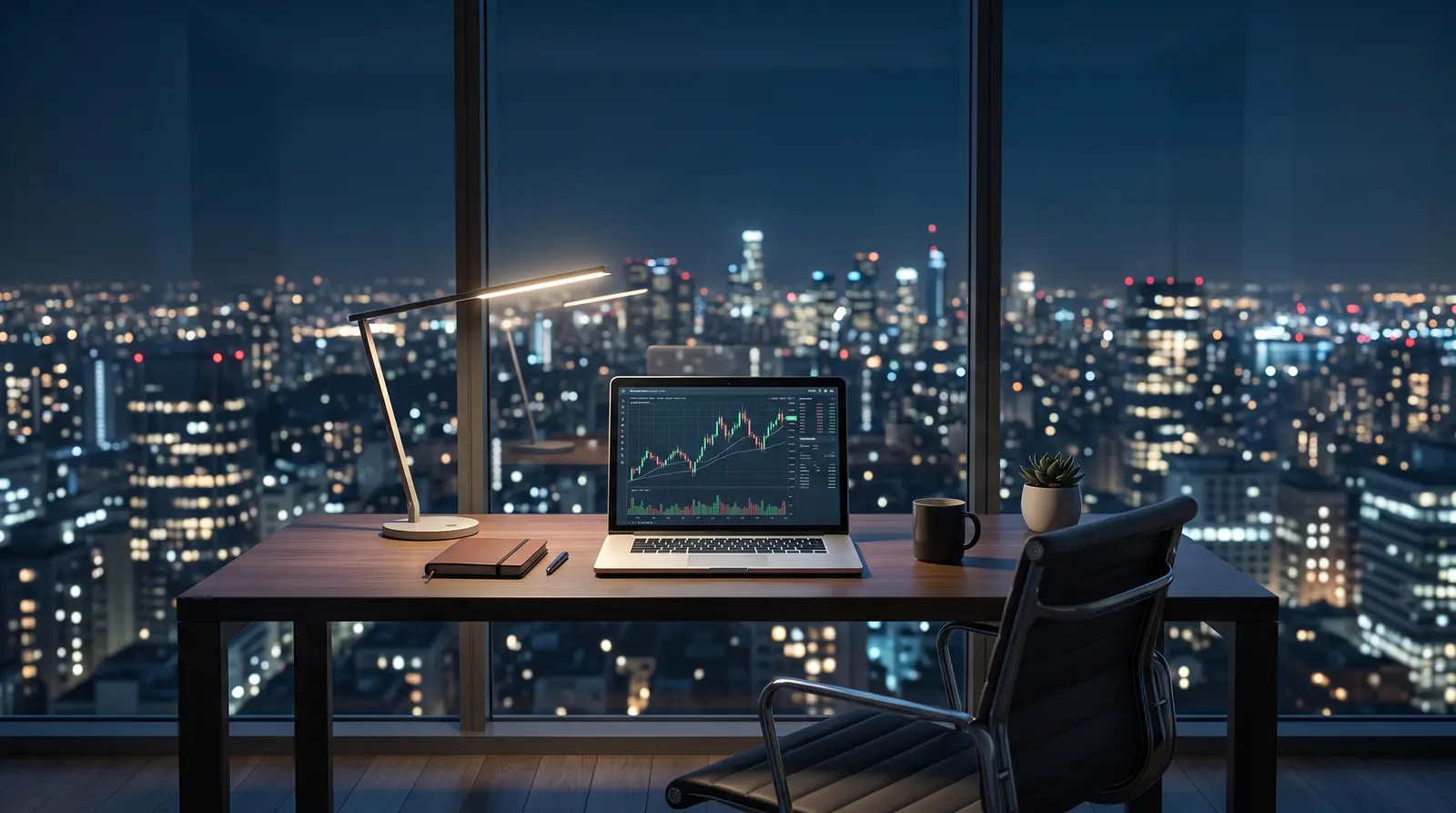 A quiet home office workspace at night highlighting the 24/7 access without weekend holding restrictions.