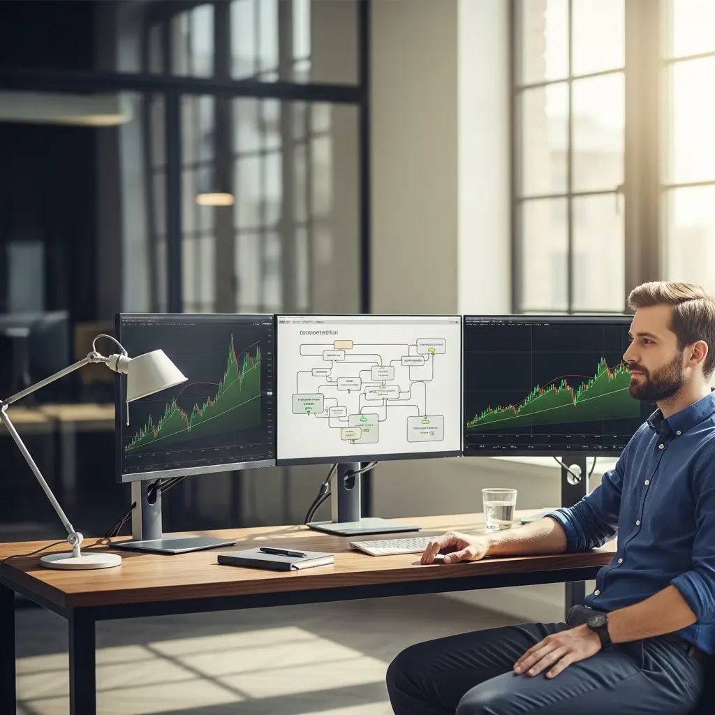 A composed trader at an organized workstation, monitors showing consistent, upward-sloping equity curves.