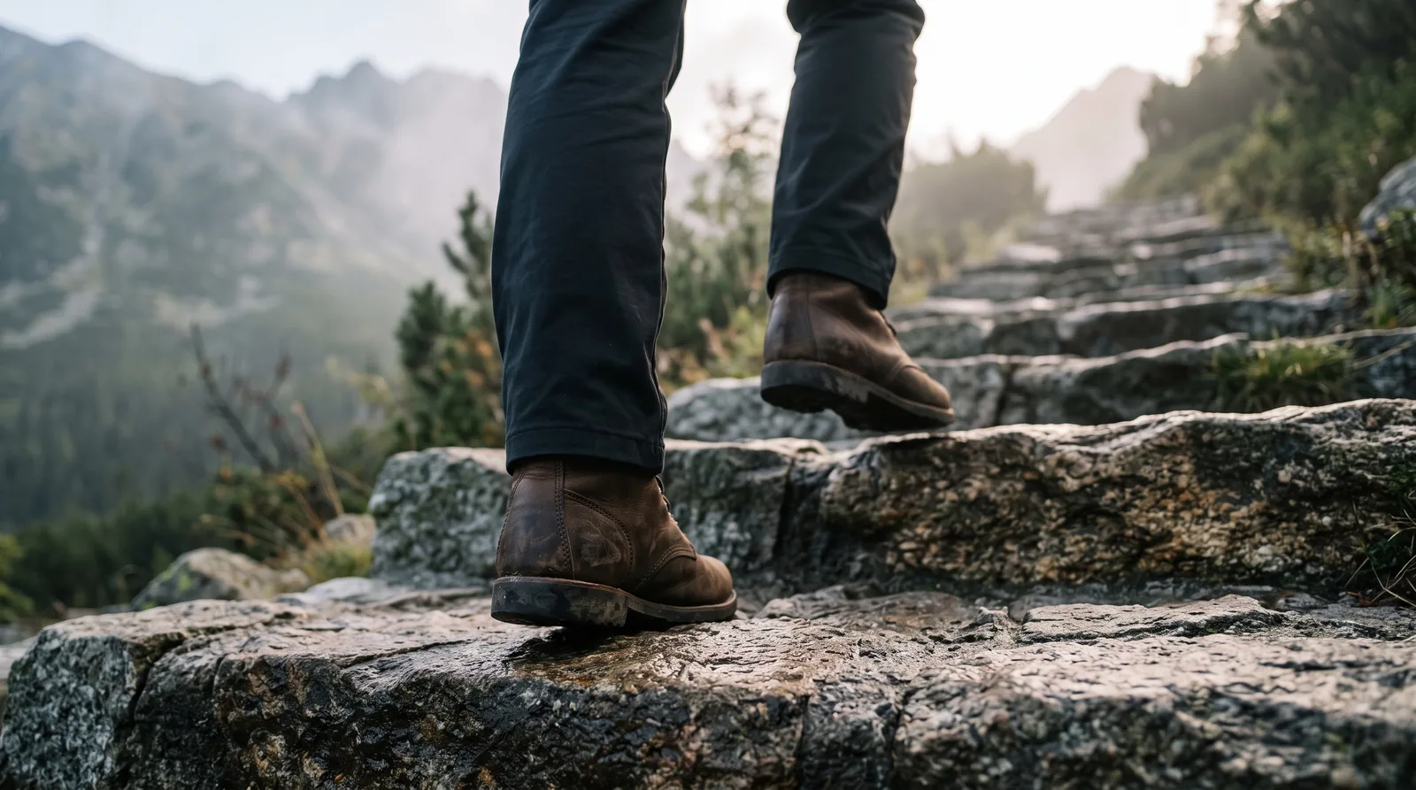 Hiker's boots climbing stone steps on a misty mountain trail, illustrating The5ers' multi-step High Stakes and Bootcamp evaluations