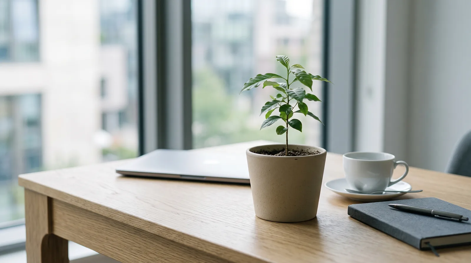 Young plant sapling in a pot beside a coffee cup and notebook, illustrating The5ers' Hyper Growth and Pro Growth 1-step programs