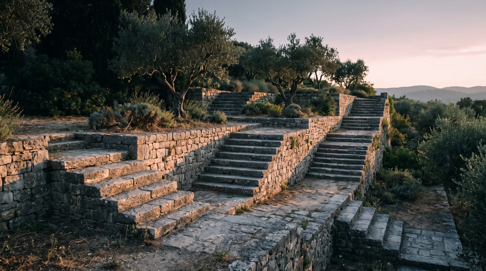 Three stone stairways of different lengths on a hillside, a metaphor for The5ers' 1-step, 2-step and 3-step programs