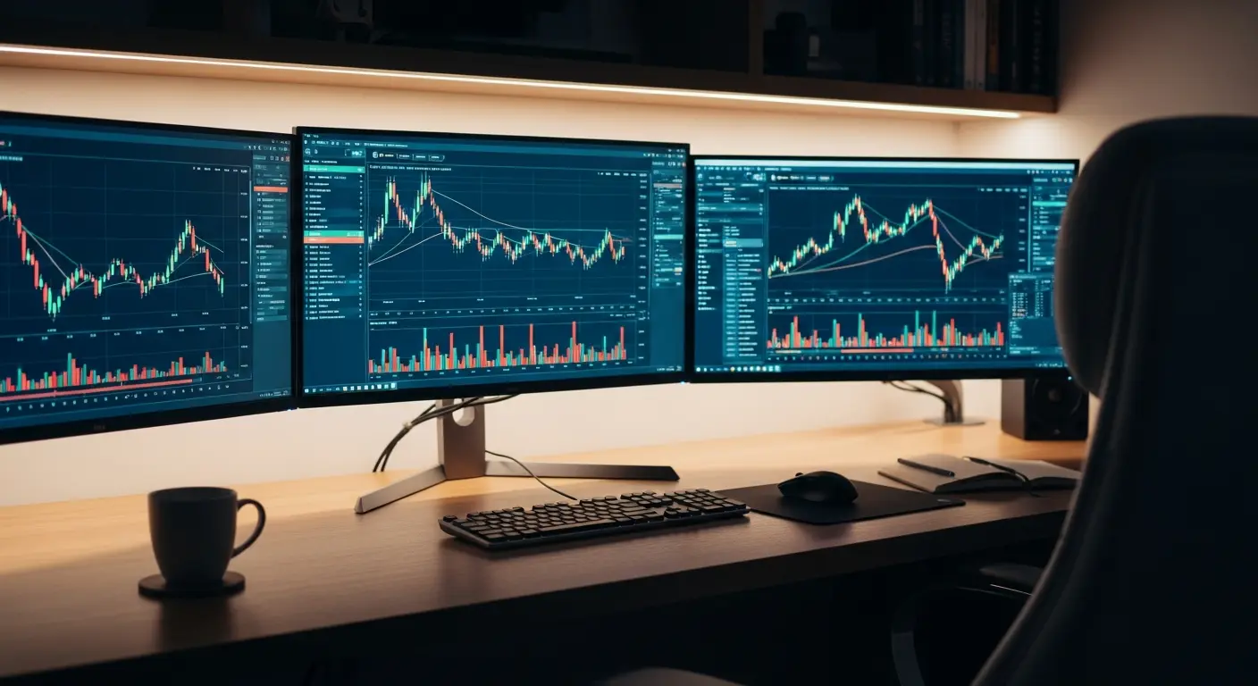 A professional trading desk setup featuring multiple monitors for evaluating a Top One Futures discount code.