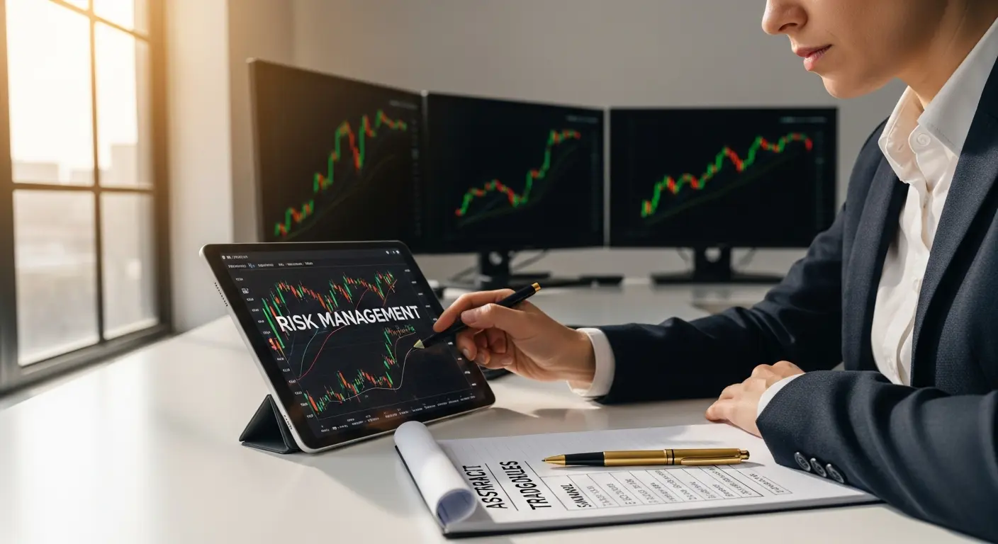 A trader carefully reviewing financial risk management rules and strategies in a bright, modern office.