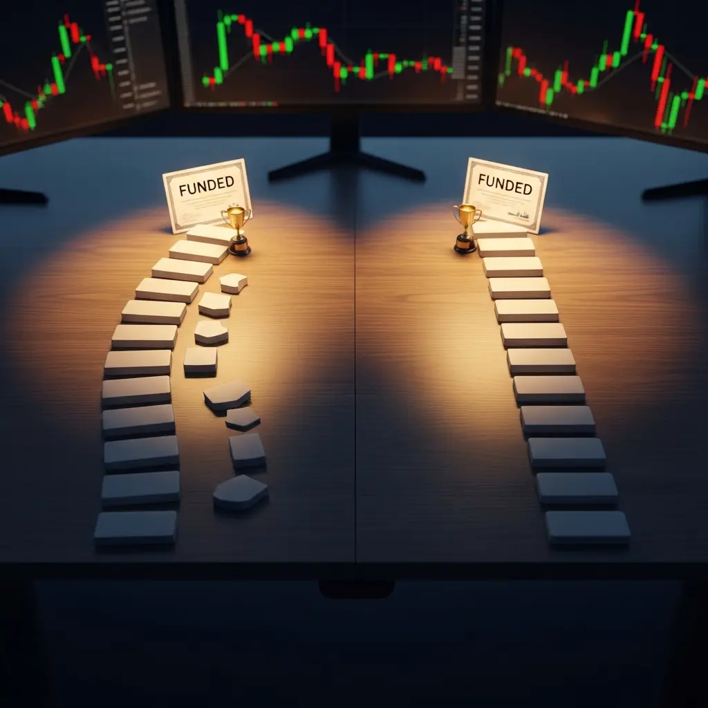 Two distinct pathways on a desk, illustrating different funding program options for traders.