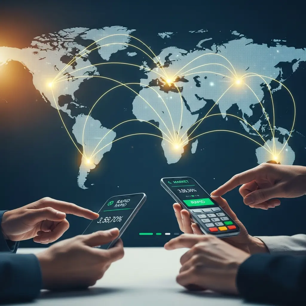 A global digital network and hands on a payment terminal, symbolizing rapid, verified financial payouts.