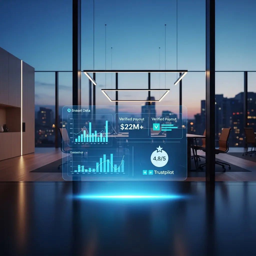 A holographic display of verified financial data, payouts, and high ratings, symbolizing Top One Futures' legitimacy.