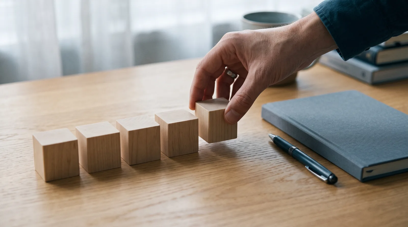 Hand placing five identical wooden blocks in a row, picturing the even trading days the Top One Futures consistency rules ask for