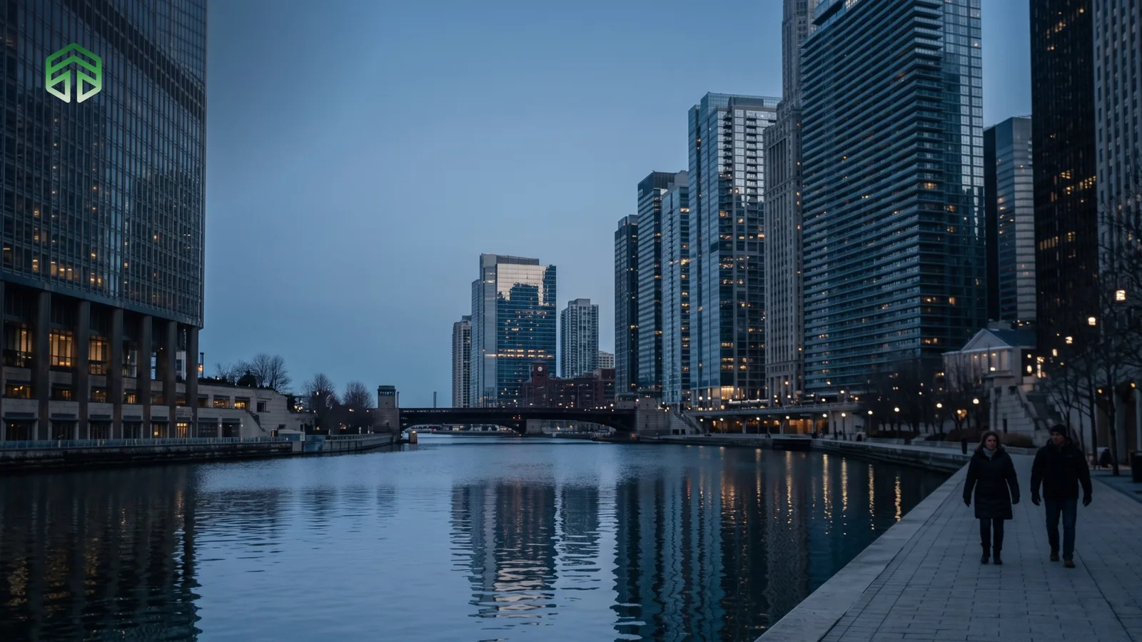 Chicago river and office towers at blue hour with the Top One Futures logo, cover for a guide to Top One Futures rules