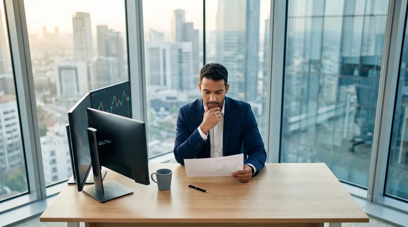 A professional trader analyzing complex financial data and drawdown rules in a bright modern office.