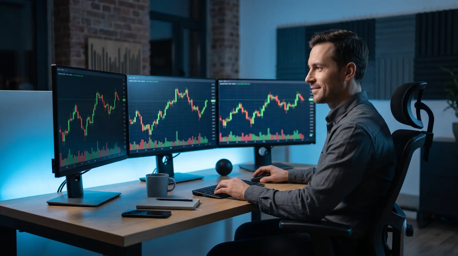 Modern trading desk with multiple monitors displaying charts for topstep alternatives with discount codes analysis.