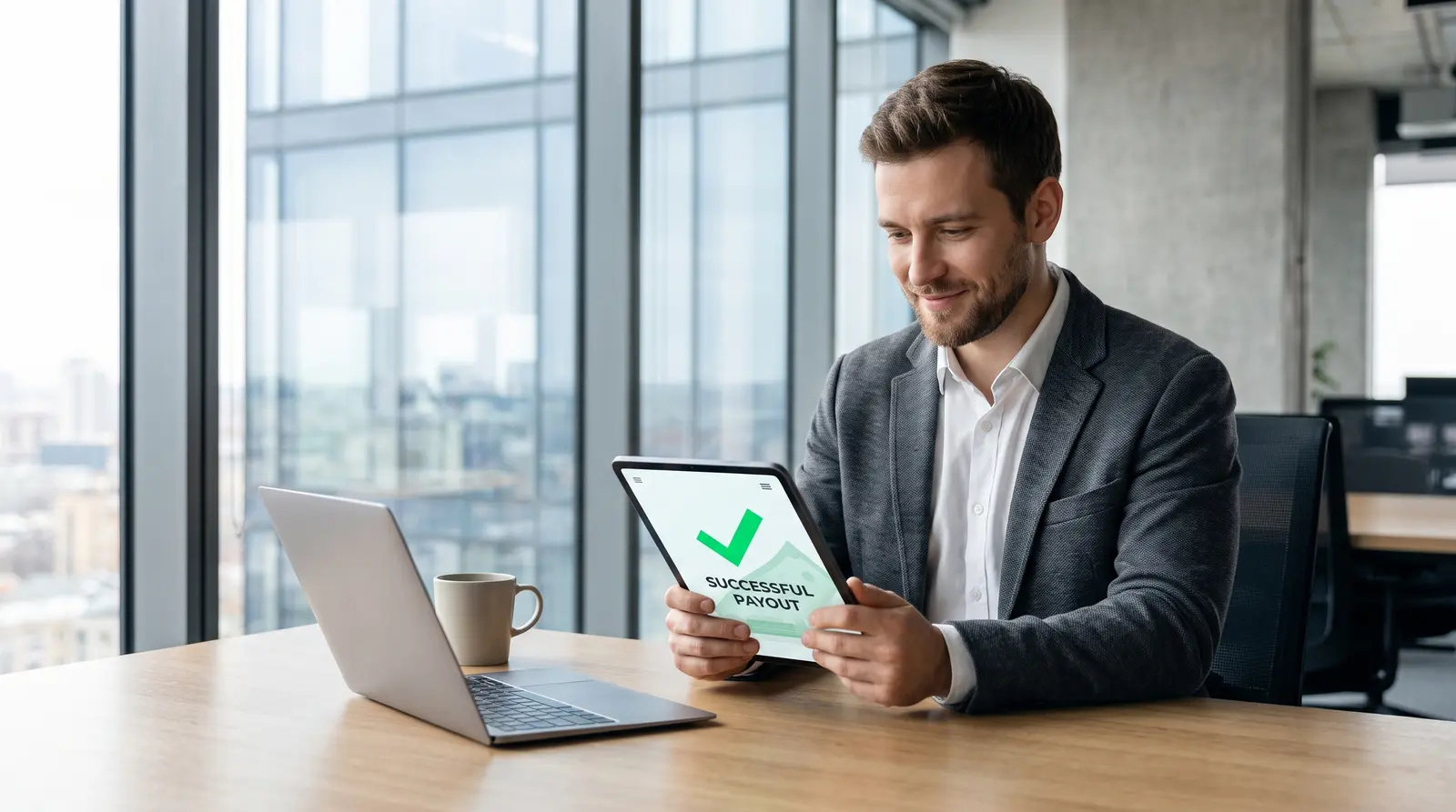 A trader viewing a successful payout notification on a tablet in a clean, bright office.