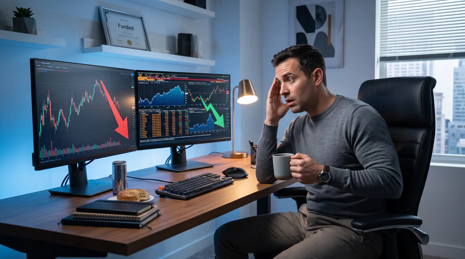 A modern home trading desk with dual monitors showing charts for a tradeify alternative review.