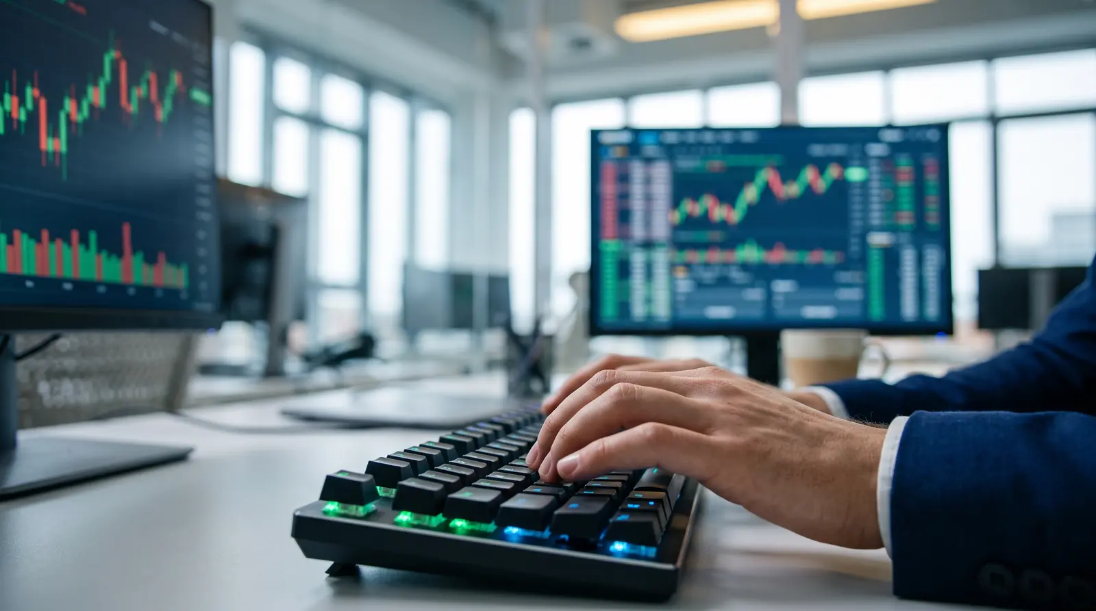 Close up of a trader using a keyboard to execute orders for tradeify select or growth.