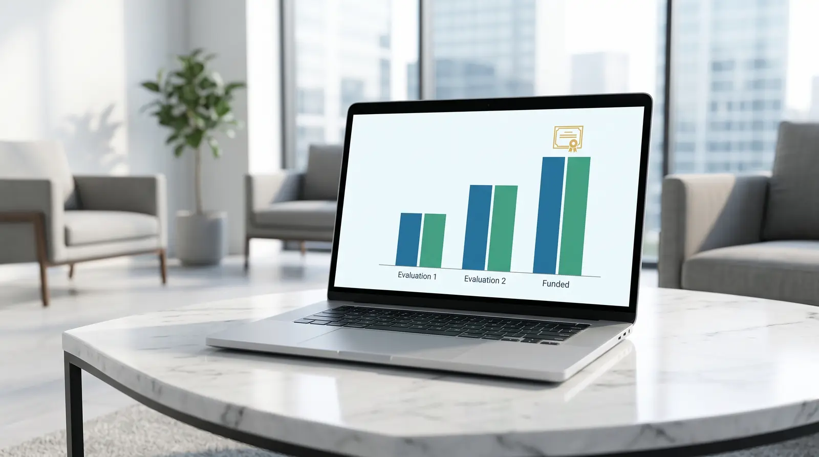 A laptop screen displaying a progress chart for a 2-step evaluation trading challenge in an office.