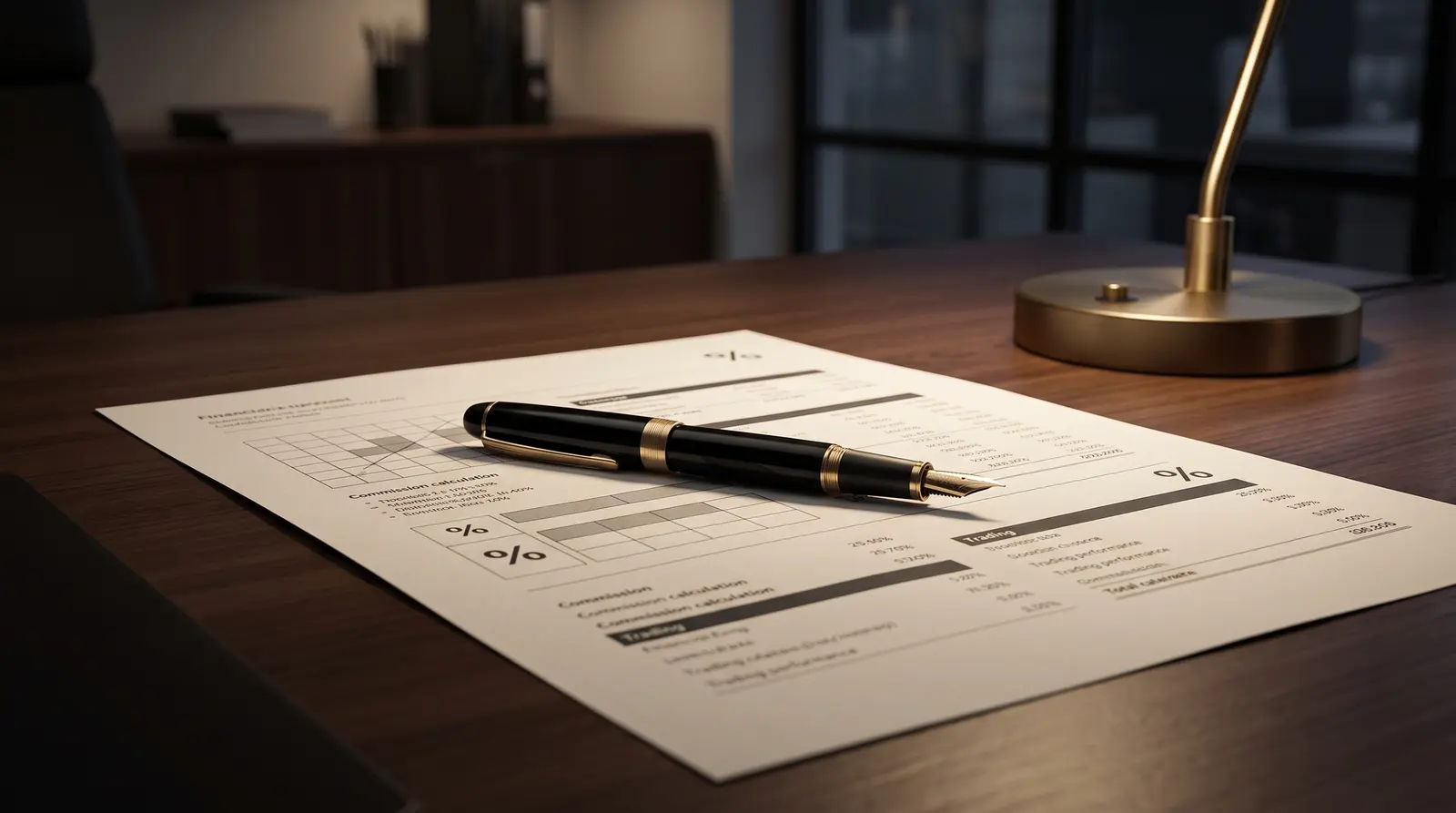 Professional desk setup with a pen on financial documents highlighting the risks of leverage commission traps.