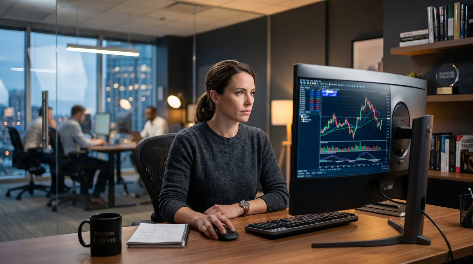 A professional trader analyzes cryptocurrency charts on a desktop to understand tradeify247 account types explained.