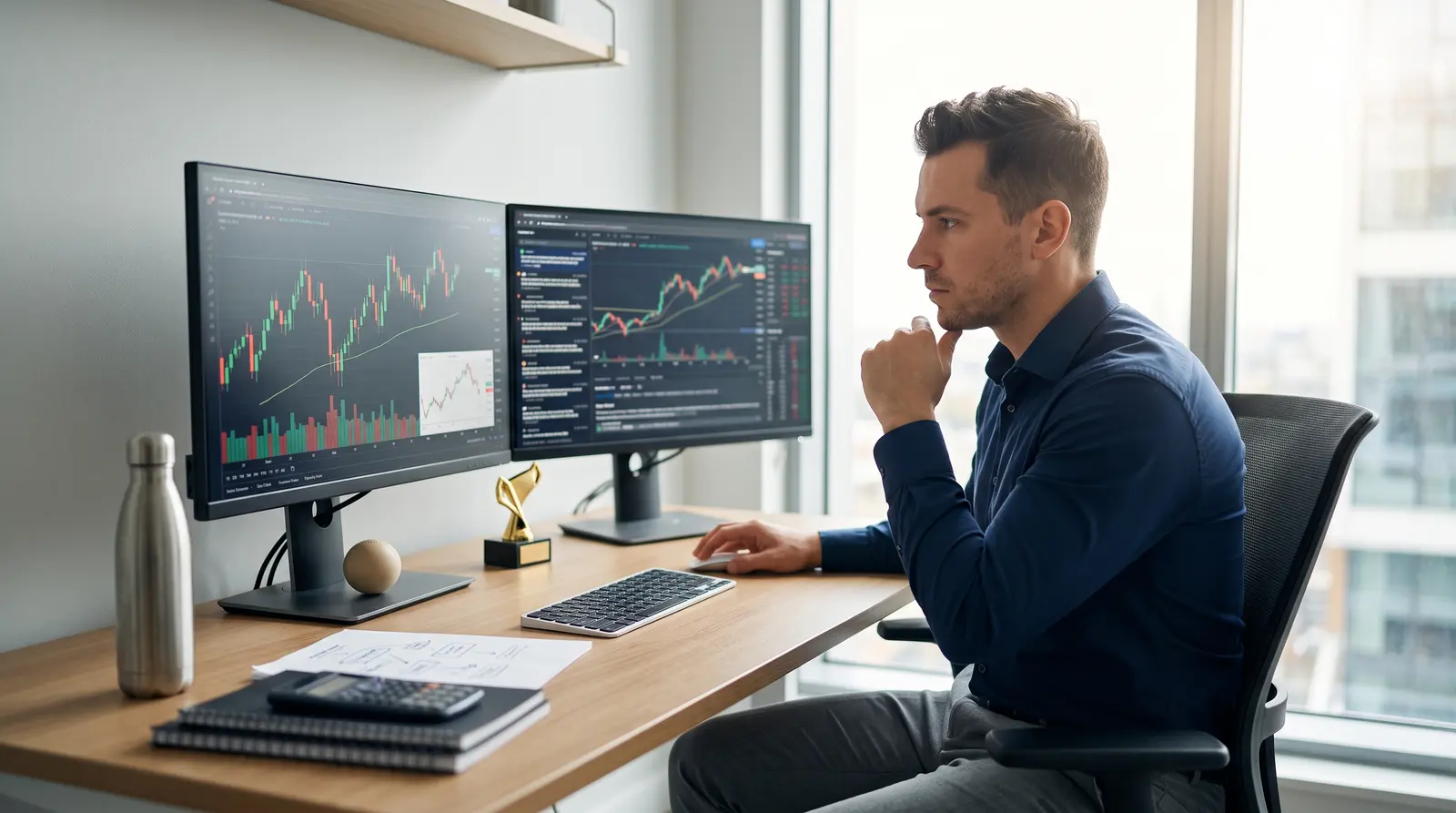A dedicated trader monitoring live crypto market evaluation milestones on professional trading screens.