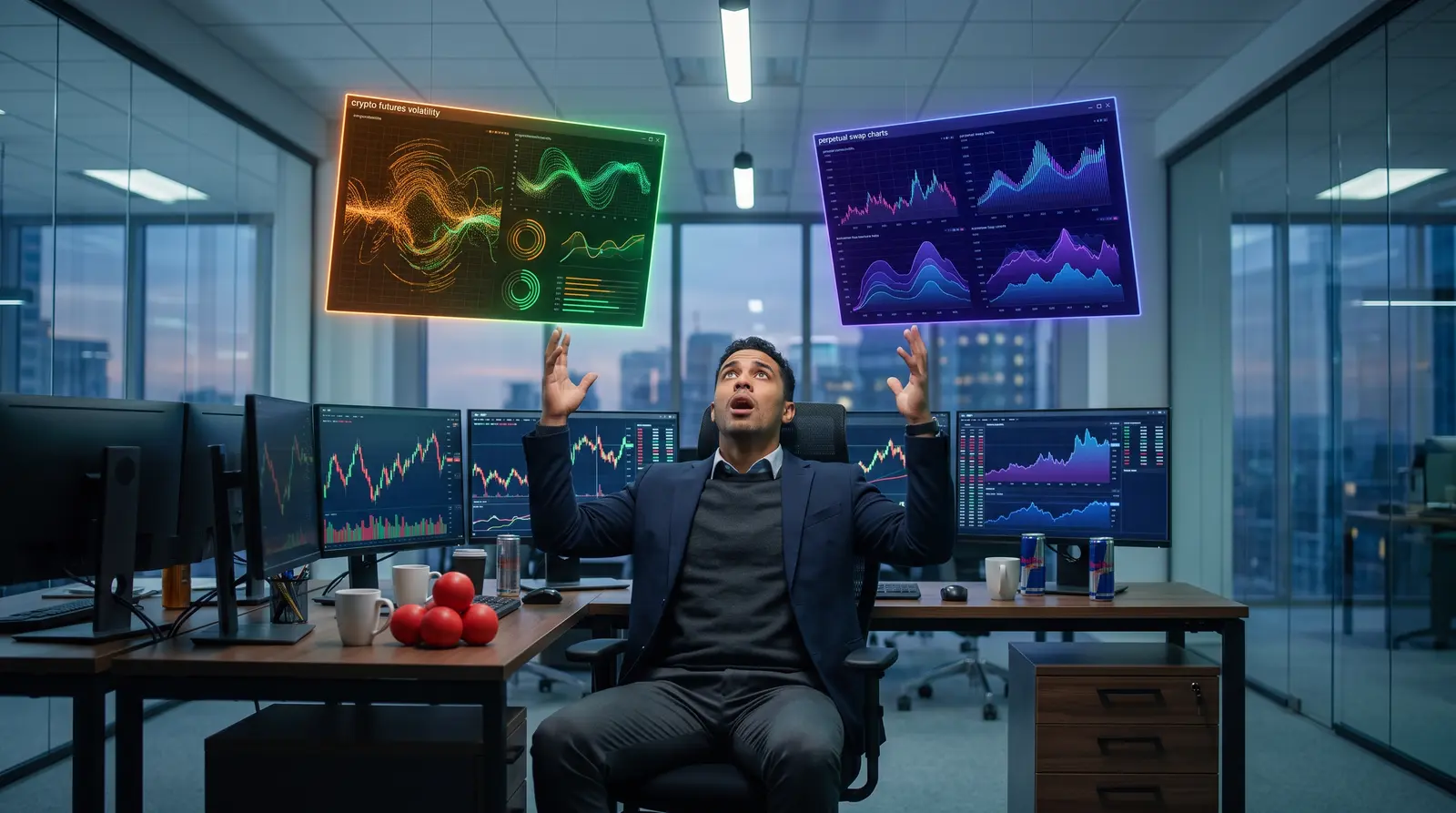 Two digital trading dashboards comparing Tradeify247 vs my funded perpetuals in a modern office.