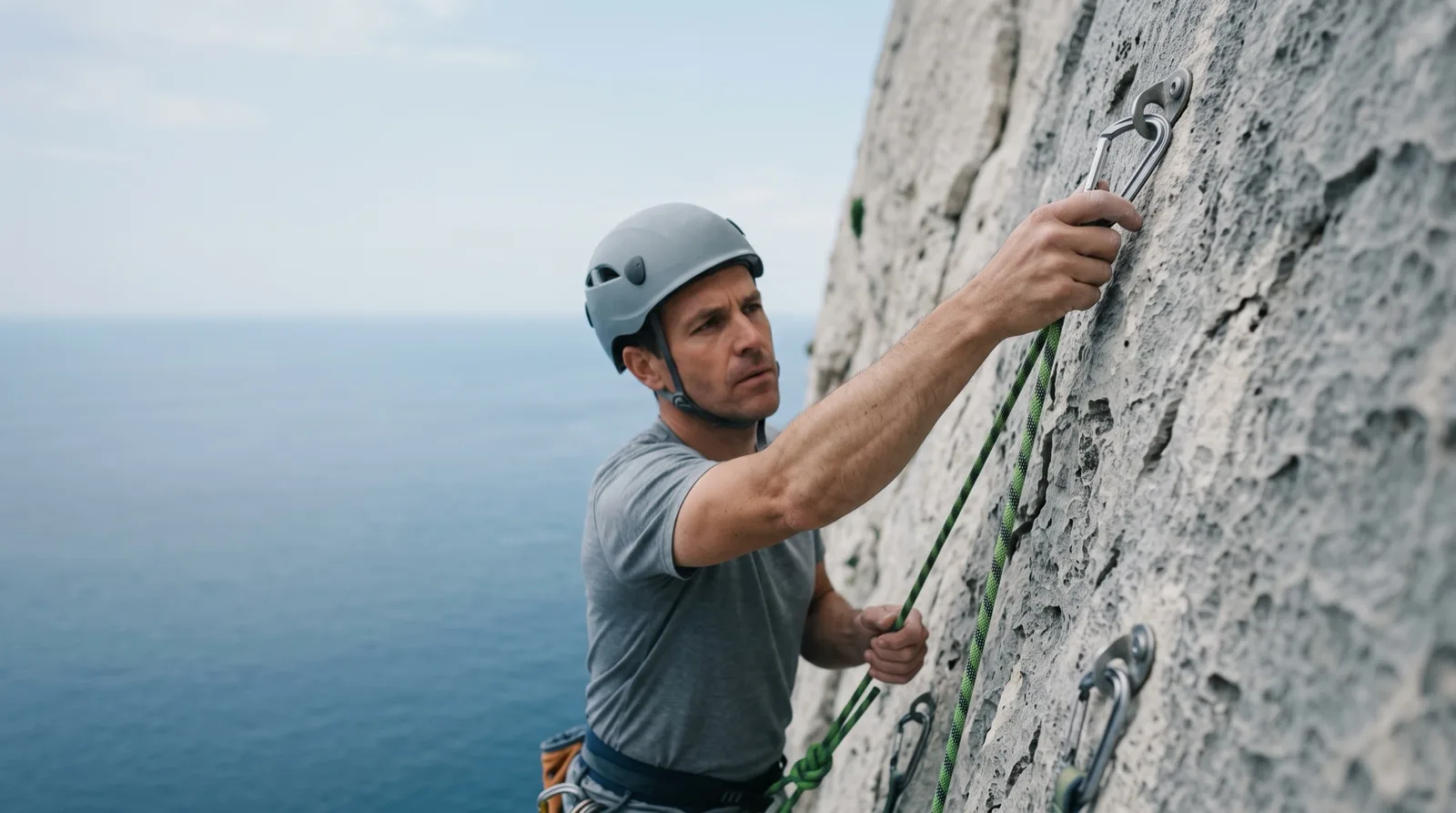 A climber clips into a higher anchor on a sea cliff, like the Tradeify FX Daily trailing floor rising with your closed balance