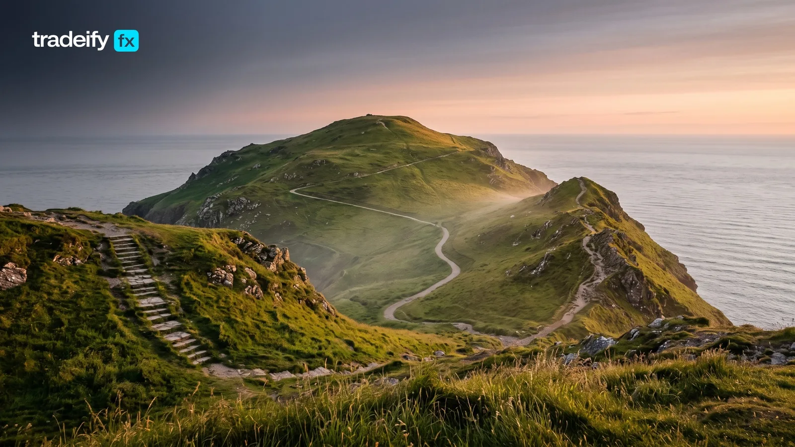 Tradeify FX evaluation programs: three walking routes up a coastal headland at sunrise