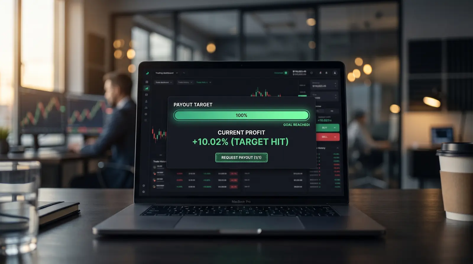A professional trader tracks their progress towards 1-step and 2-step evaluation profit targets on screen.